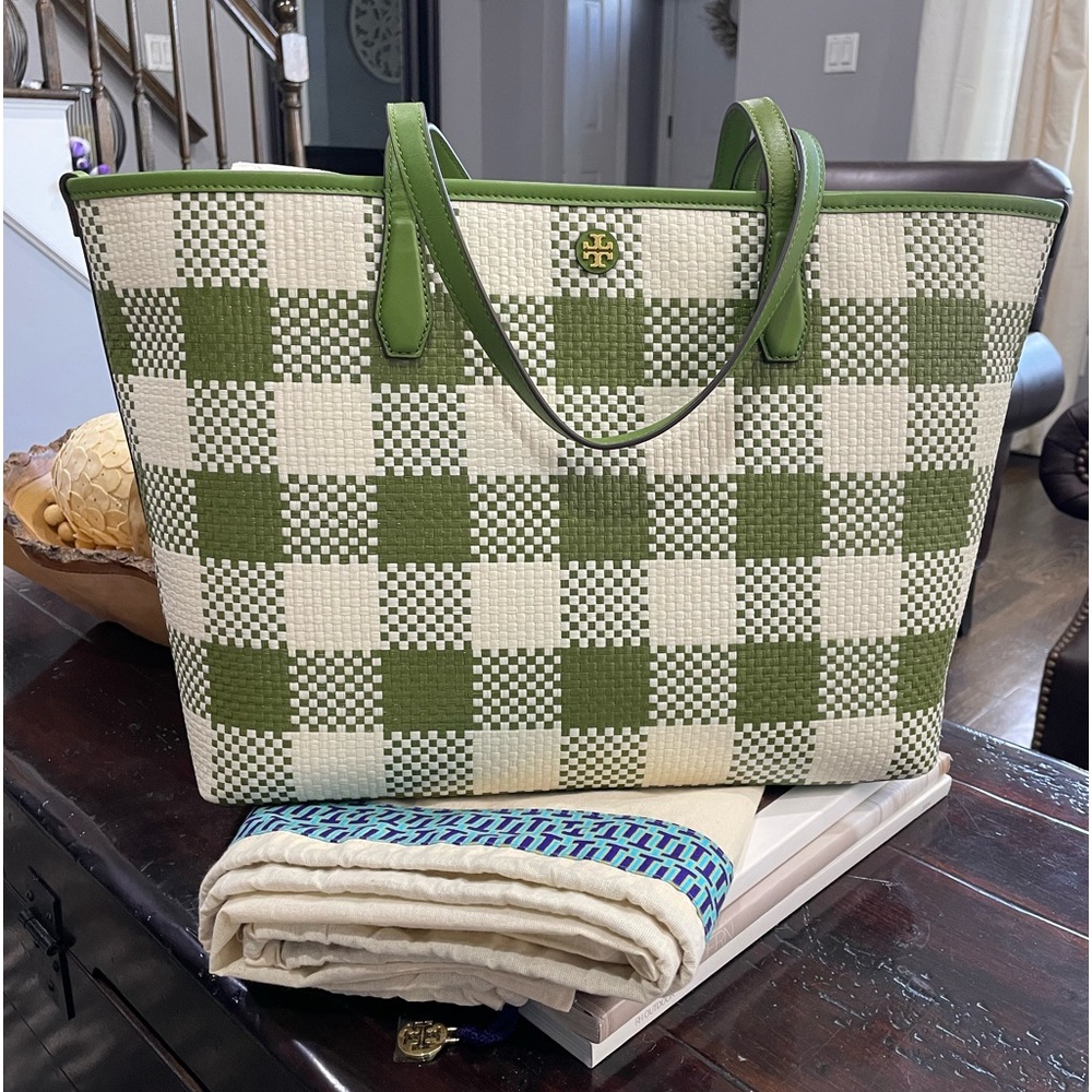 Tory Burch Blake Straw Plaid Tote Bag